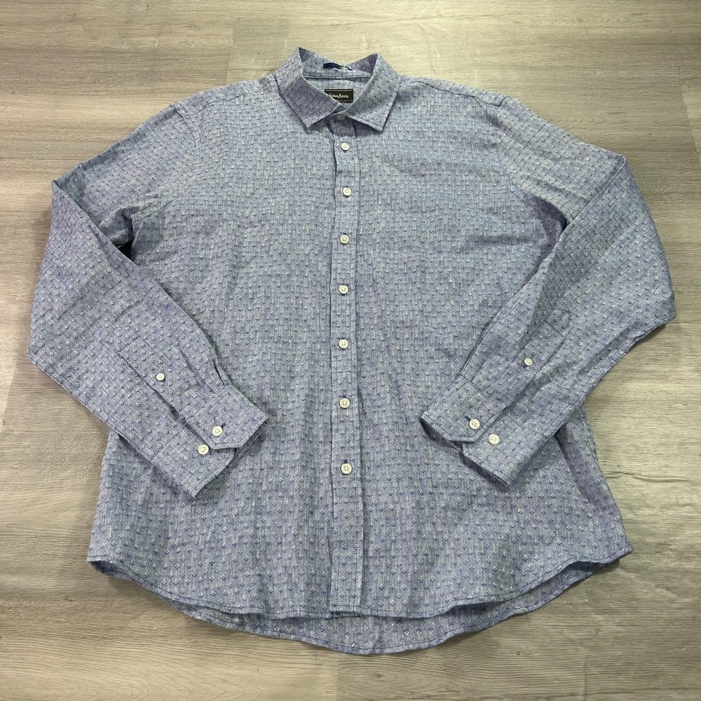 NEW‎ Neiman Marcus Shirt Mens Large Blue Linen Geometric Button Up Casual